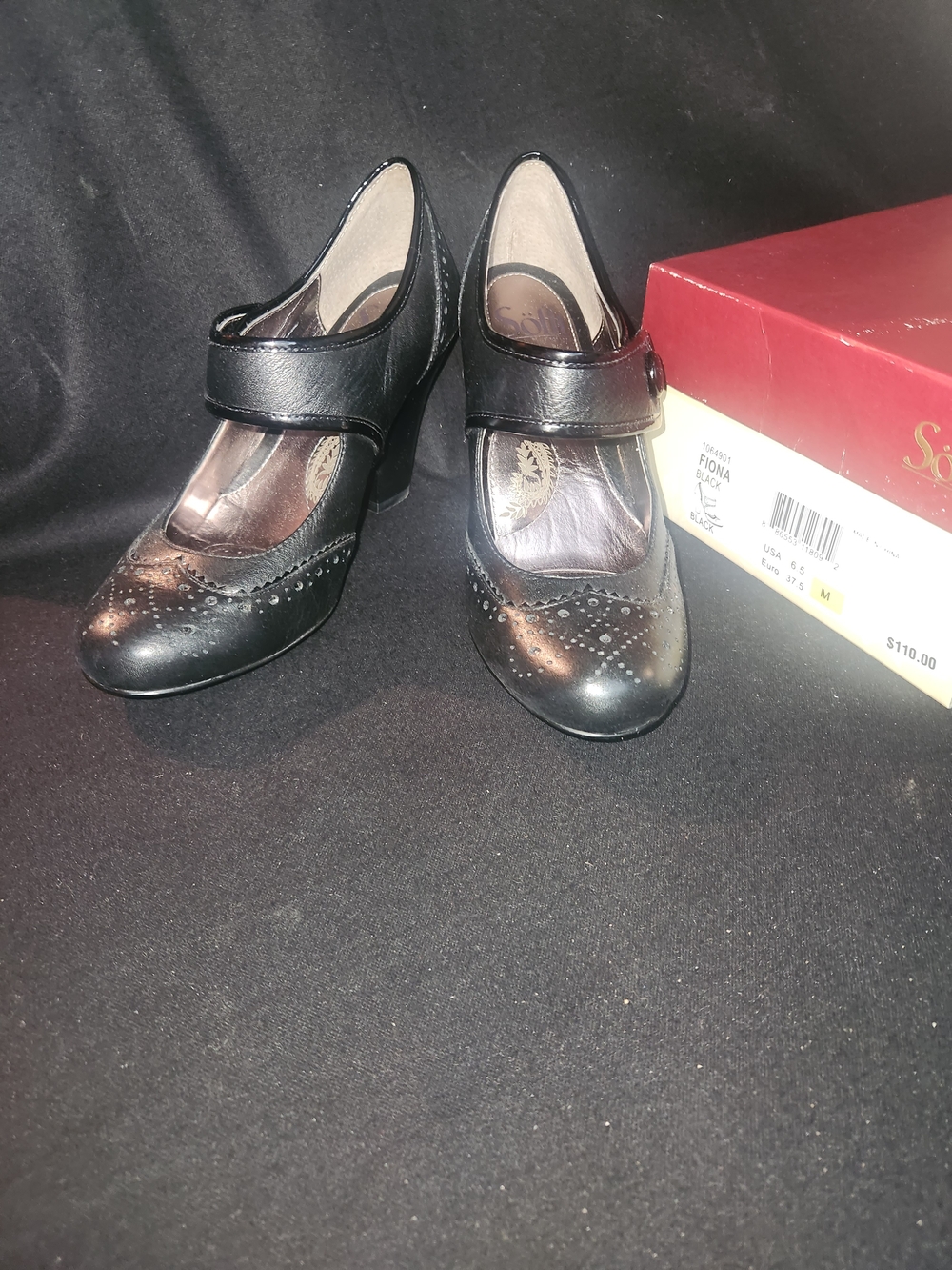 Sofft Fiona Black Leather Mary Jane Heels #438